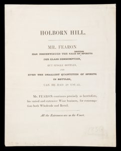 [LONDON’S FIRST GIN PALACE] Holborn Hill. Mr. Fearon has discontinued the sale of British spirits.