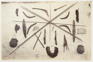 Ngarrindjeri weapons, ornaments and baskets. Point McLeay Mission, 1880.