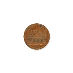 Copper one penny token for W. D. Wood, wine and spirit merchant, Montpellier Retreat Inn, Hobart Town, 1855.