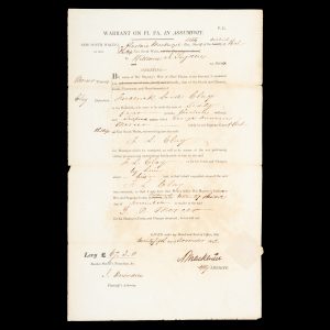 Warrant on Fi. Fa. in Assumpsit. Alastair Mackenzie Esq., Deputy Sheriff of the District of Port Phillip New South Wales, to William J. Sugden, my Bailiff, Greeting: