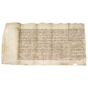 Chirograph of assignment of land in the Parish of Llanegwad & Llanfynydd, Carmarthenshire, Wales, from Richard Winwood Esq., Edmond Denton Esq., and Thomas Darry Esq., to Anthony Morgan Esq. and Elizabeth, his wife, Francis Martin Esq., and Anthony Luther Esq., for 250 pounds of silver. Dated 13 August 1655.