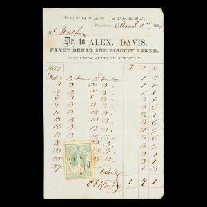 [TOOWOOMBA] Account for purchases made from Alexander Davis, Fancy Bread and Biscuit Baker, Ruthven Street, Toowoomba, by J. Walker, dated 1 March 1869.