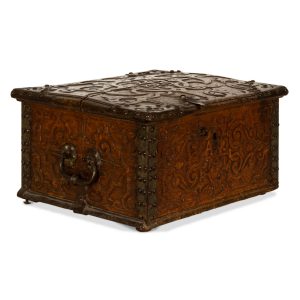 An elaborately carved seventeenth-century oak 'Bible box'.